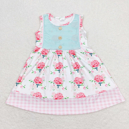 Sibling Baby Girls Flowers Plaid Button Pockets Ruffle Knee Length Dresses