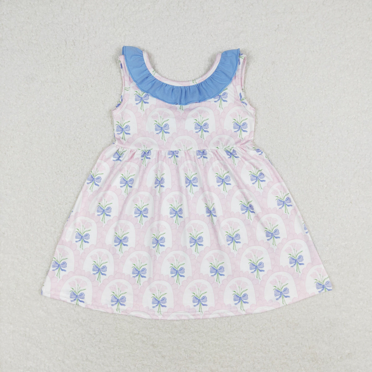 Sibling Baby Girls Sleeveless Flowers Back Bows Ruffle Collar Knee Length Dresses