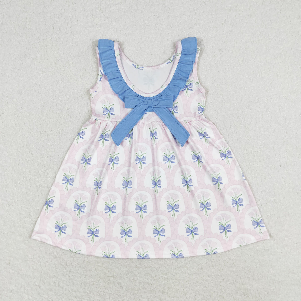 Sibling Baby Girls Sleeveless Flowers Back Bows Ruffle Collar Knee Length Dresses