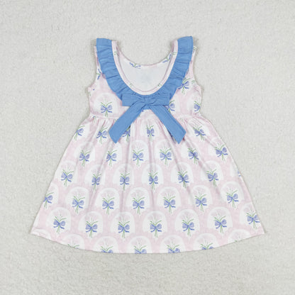 Sibling Baby Girls Sleeveless Flowers Back Bows Ruffle Collar Knee Length Dresses