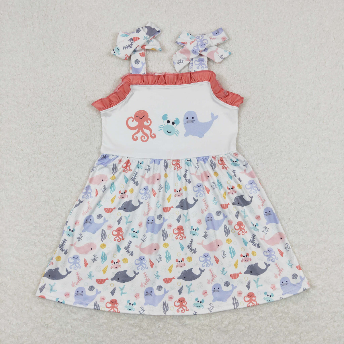 Sibling Baby Girls Strap Sea World Starfishes Crabs Knee Length Dresses