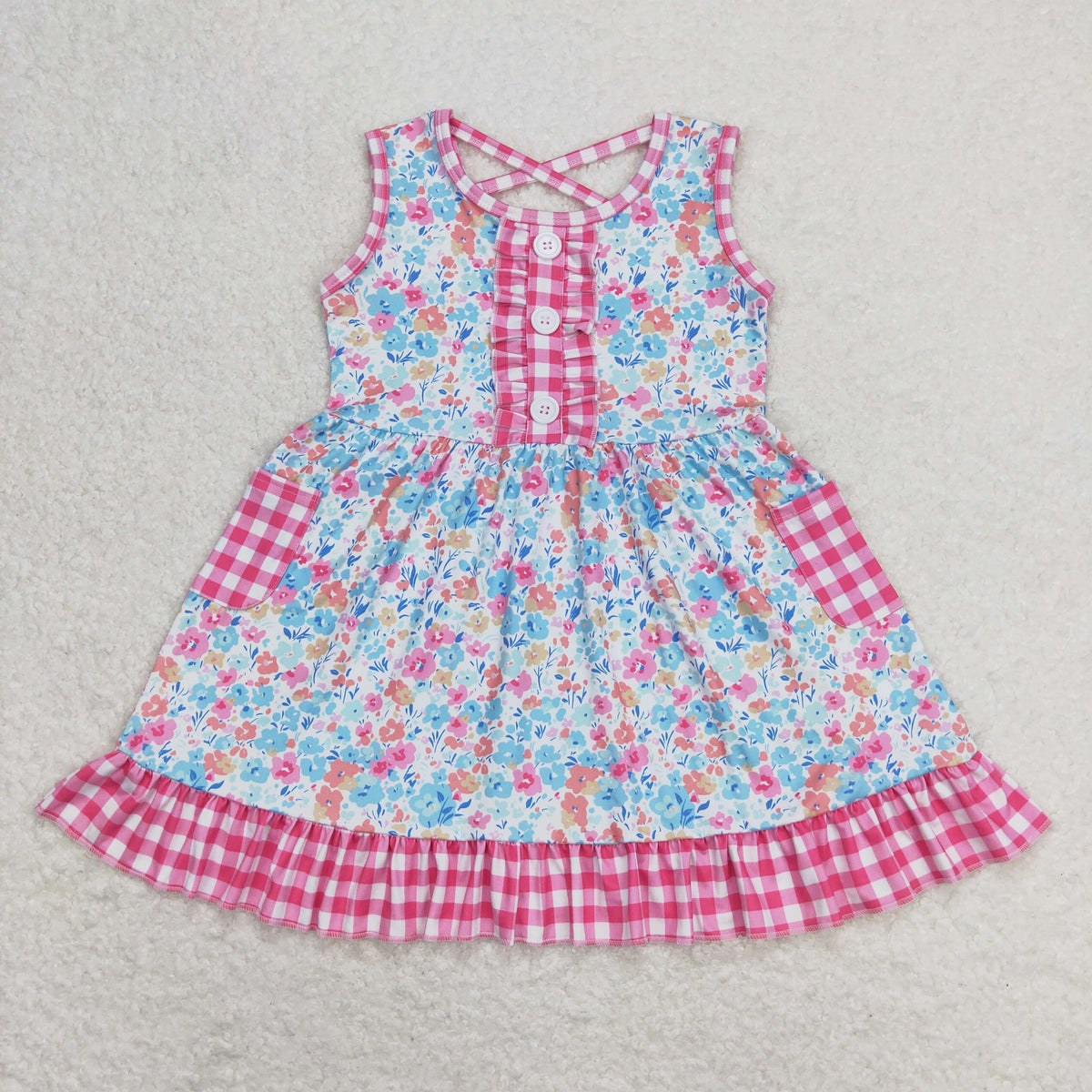 Sibling Baby Girls Flowers Plaid Button Pockets Ruffle Knee Length Dresses