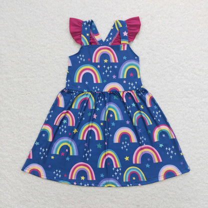 Sibling Baby Girls Colorful Rainbows Stars Plaid Knee Length Dresses