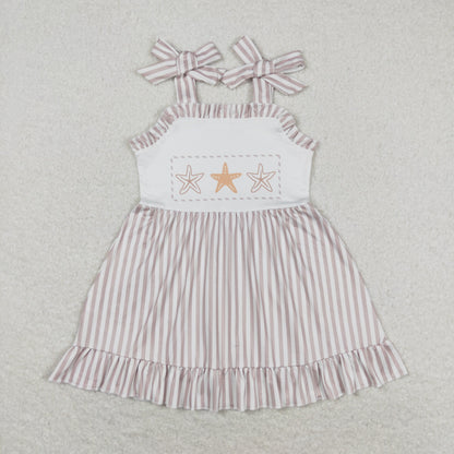 Sibling Baby Girls Strap Sea World Starfishes Crabs Knee Length Dresses
