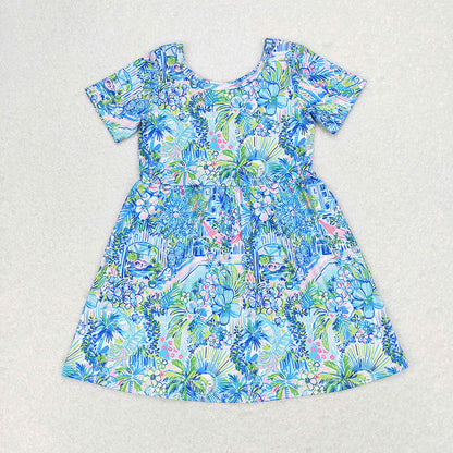 Sibling Baby Girls Sea Flowers Short Sleeve Knee Length Dresses