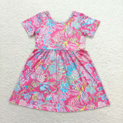 Sibling Baby Girls Sea Flowers Short Sleeve Knee Length Dresses