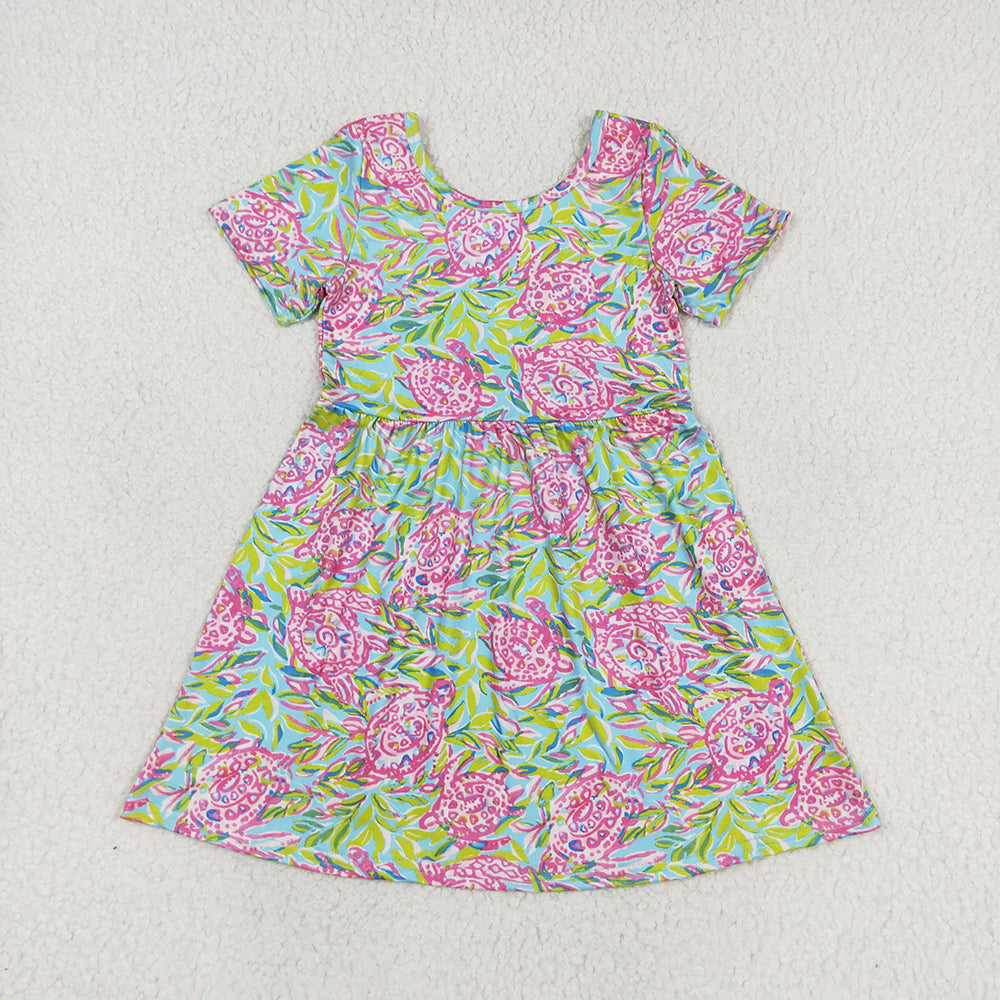 Sibling Baby Girls Sea Flowers Short Sleeve Knee Length Dresses