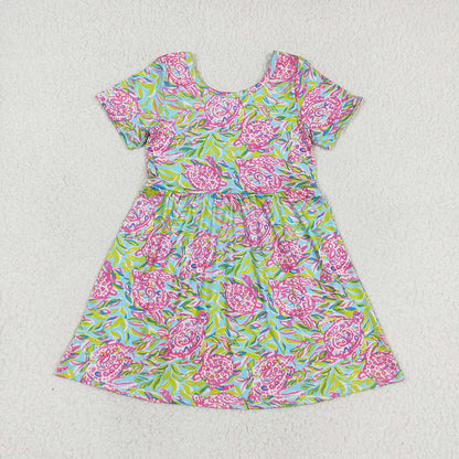 Sibling Baby Girls Sea Flowers Short Sleeve Knee Length Dresses