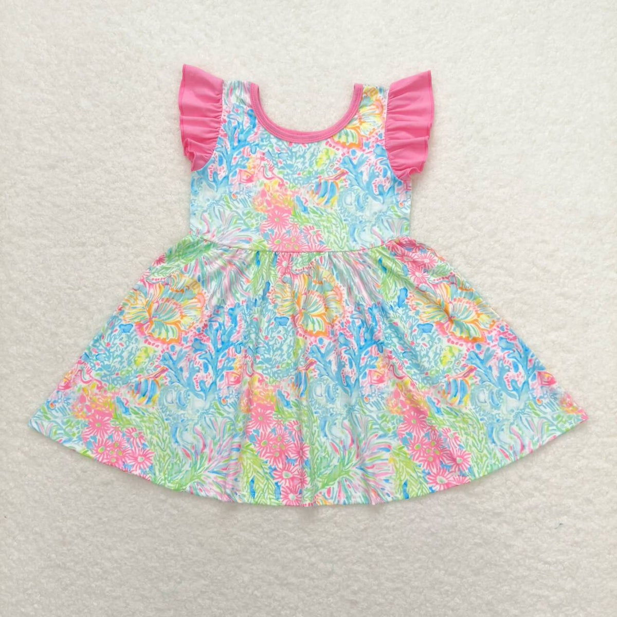 Sibling Baby Girls Flowers Plaid Flutter Sleeve Ruffle Knee Length Dresses