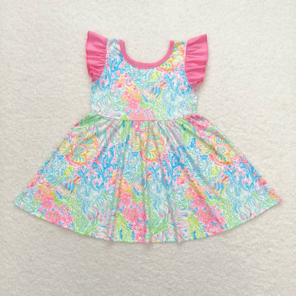 Sibling Baby Girls Flowers Plaid Flutter Sleeve Ruffle Knee Length Dresses