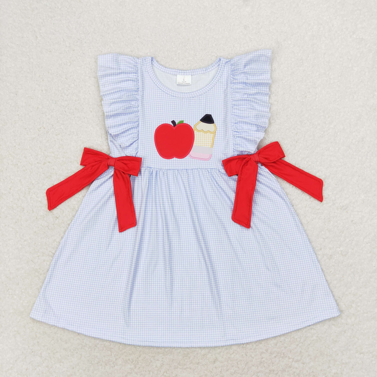 Sibling Embroidery Apples Pencils Baby Kids Back To School Short Clothes Set Dresses
