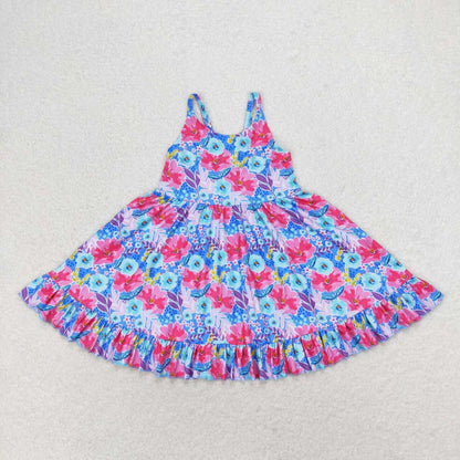 Sibling Baby Girls Strap Flowers Plaid Ruffle Knee Length Dresses