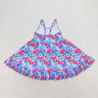 Sibling Baby Girls Strap Flowers Plaid Ruffle Knee Length Dresses