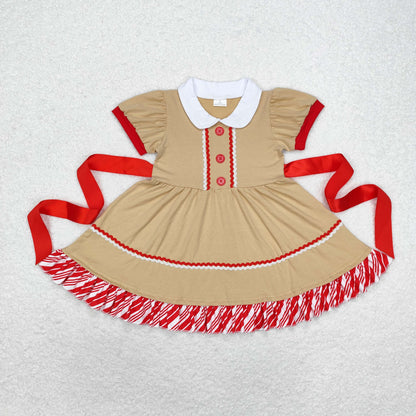 Sibling Baby Girls Candy Cane Stripes Button Christmas Ruffle Knee Length Dresses