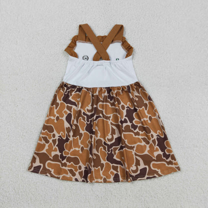 GSD1518 Baby Girls Strap Embroidery Duck Dogs Khaki Camo Hunting Knee Length Dress