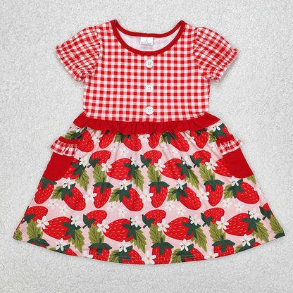 Sibling Baby Girls Red Checkered Strawberry Rompers Dresses Outfits