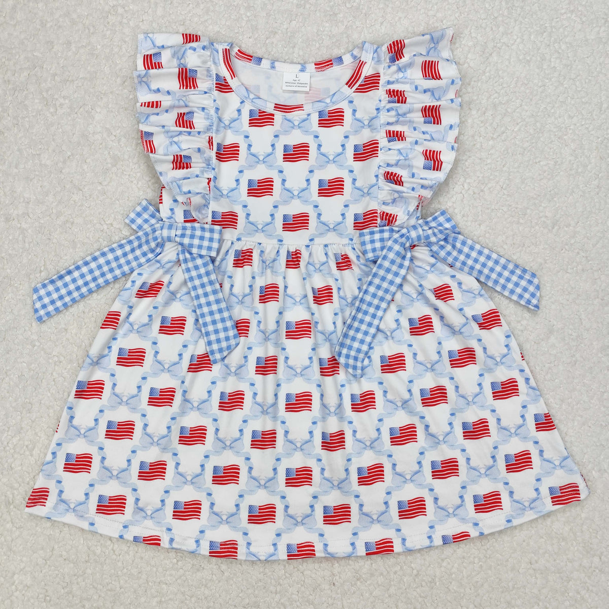 Sibling Baby Girls Flutter Sleeve Flags Bows Stars 4th of July Ruffle Knee Length Dresses