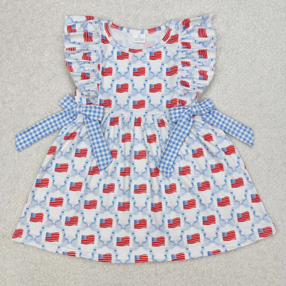 Sibling Baby Girls Flutter Sleeve Flags Bows Stars 4th of July Ruffle Knee Length Dresses