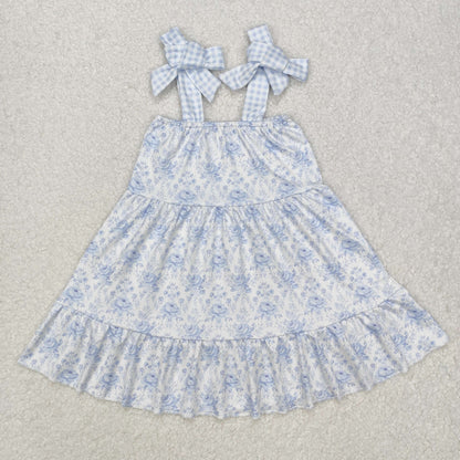 Sibling Baby Girls Blue Flowers Straps Tunic Ruffle Short Set Knee Length Dresses