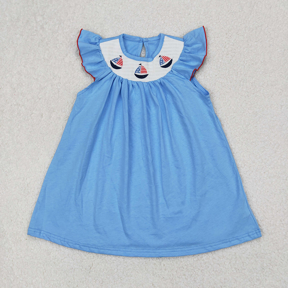 GSD1818 Girls Blue Sailboats Smocked Embroidery Flutter Sleeve Dresses
