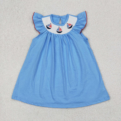 GSD1818 Girls Blue Sailboats Smocked Embroidery Flutter Sleeve Dresses