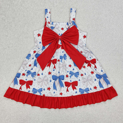 Sibling Baby Girls Strap Bows Top Stars 4th of July Ruffle Knee Length Dresses