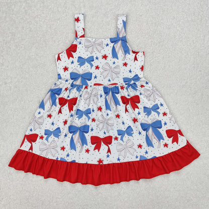 Sibling Baby Girls Strap Bows Top Stars 4th of July Ruffle Knee Length Dresses
