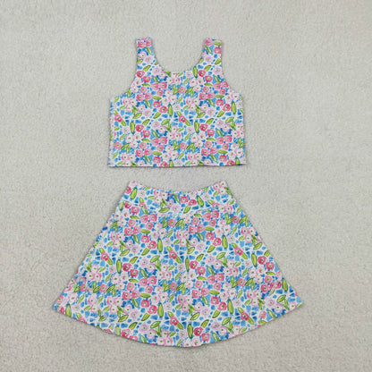 Sibling Baby Girls Flowers Bows Sleeveless Vest Yoga Athletic Skorts Sets