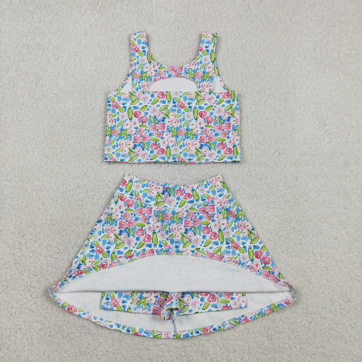 Sibling Baby Girls Flowers Bows Sleeveless Vest Yoga Athletic Skorts Sets