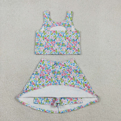 Sibling Baby Girls Flowers Bows Sleeveless Vest Yoga Athletic Skorts Sets