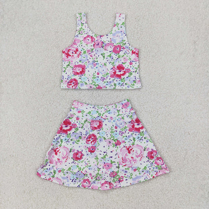 Sibling Baby Girls Flowers Sleeveless Athletic Skorts Sets Dresses