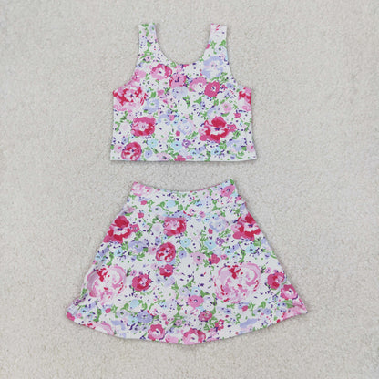 Sibling Baby Girls Flowers Bows Sleeveless Vest Yoga Athletic Skorts Sets
