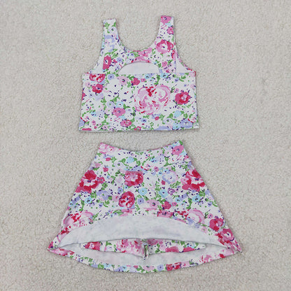 Sibling Baby Girls Flowers Sleeveless Athletic Skorts Sets Dresses