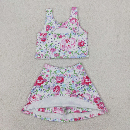 Sibling Baby Girls Flowers Bows Sleeveless Vest Yoga Athletic Skorts Sets