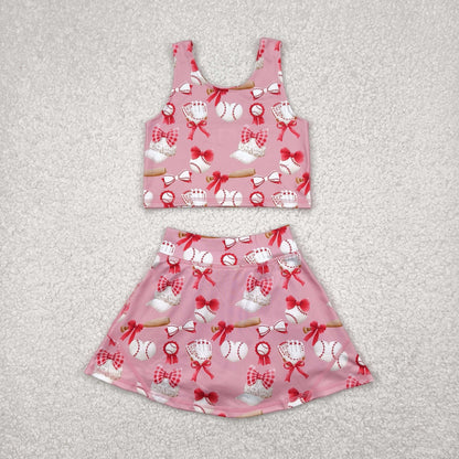 Sibling Baby Girls Bows Baseballs Yoga Team Active Wear Top Shorts Skirts Clothes Sets