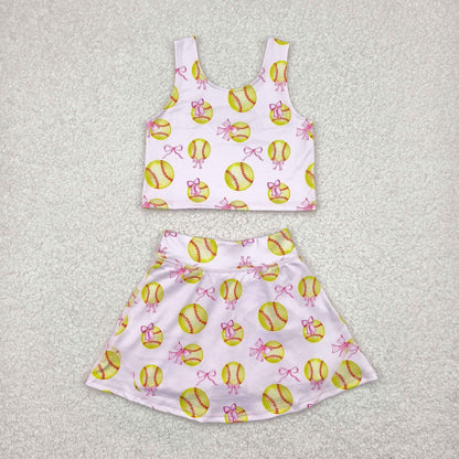 Sibling Baby Girls Bows Baseballs Yoga Team Active Wear Top Shorts Skirts Clothes Sets