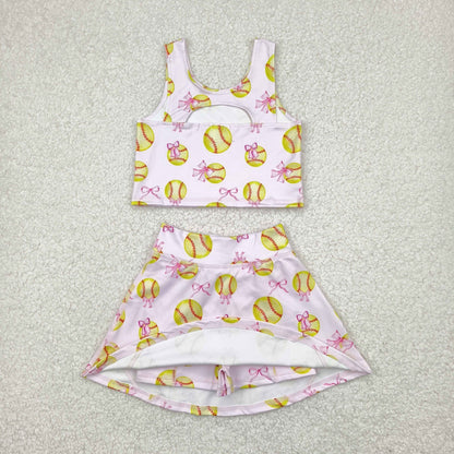 Sibling Baby Girls Bows Baseballs Yoga Team Active Wear Top Shorts Skirts Clothes Sets