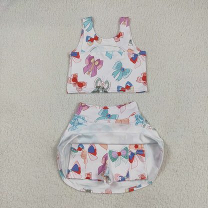 Sibling Baby Girls Flowers Bows Sleeveless Vest Yoga Athletic Skorts Sets