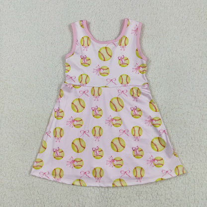 Sibling Baby Girls Softballs Baseballs Bows Yoga Active Short Team Knee Length Dresses