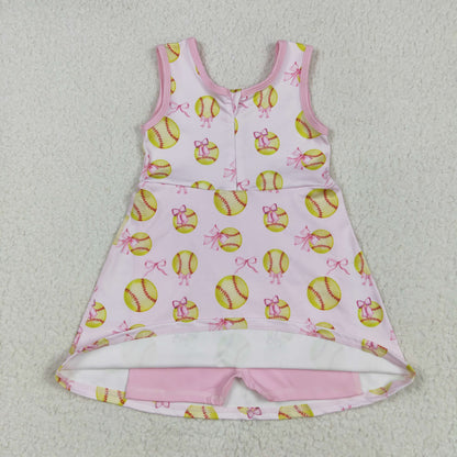 Sibling Baby Girls Softballs Baseballs Bows Yoga Active Short Team Knee Length Dresses