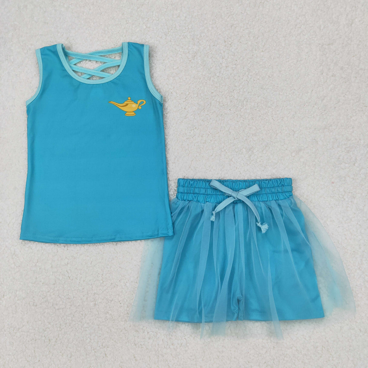 GSD2076 Baby Girls Blue Sleeveless Teapots Princess Top Tassel Shorts Clothes Sets