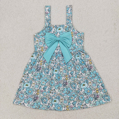 Sibling Baby Girls Blue Flowers Big Bow Rompers Dresses