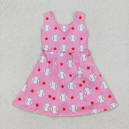 Sibling Baby Girls Softballs Baseballs Bows Yoga Active Short Team Knee Length Dresses