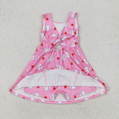 Sibling Baby Girls Softballs Baseballs Bows Yoga Active Short Team Knee Length Dresses