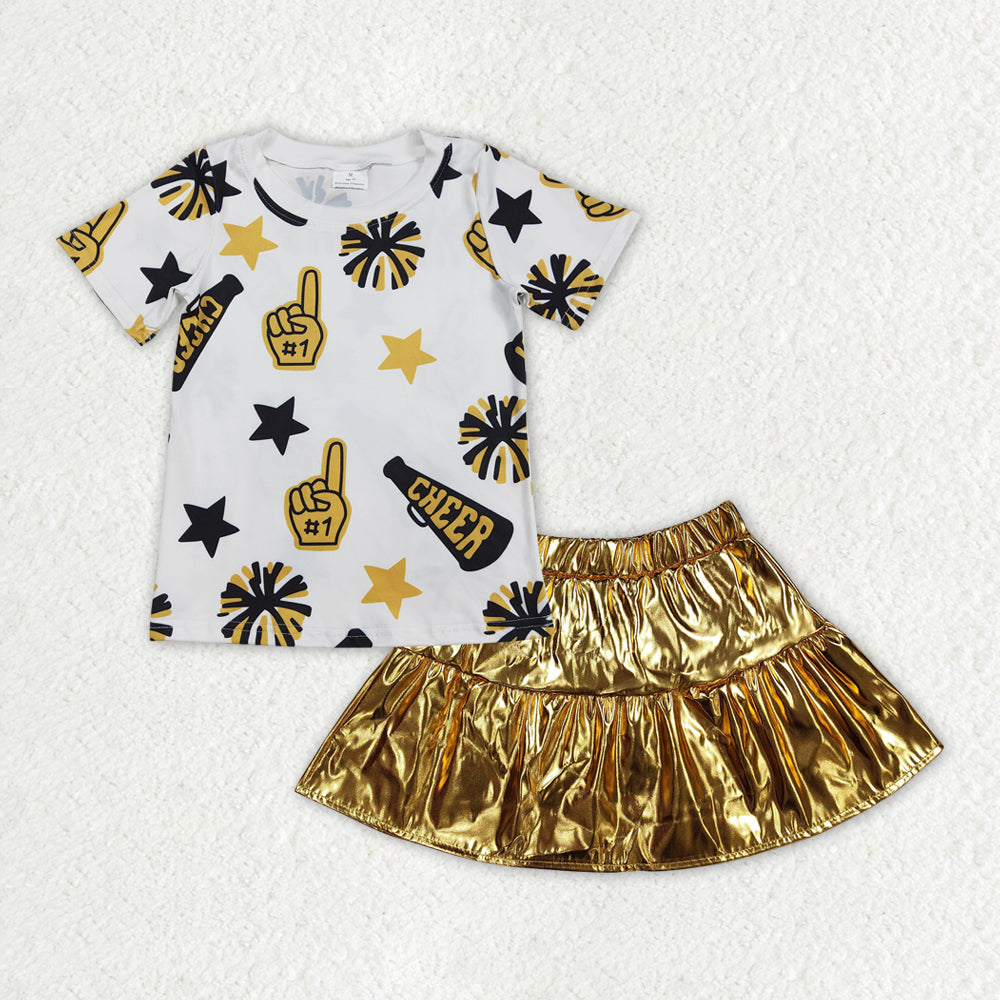 Sibling Baby Girls Cheer Stars Shirt Top Leather Skirts Clothes Sets