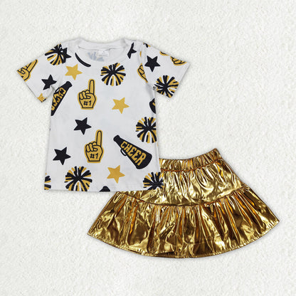 Sibling Baby Girls Cheer Stars Shirt Top Leather Skirts Clothes Sets