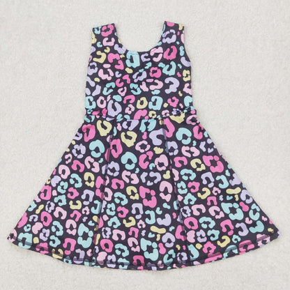 Sibling Baby Girls Colorful Leopard Shorts Yoga Clothes Set Knee Length Dresses