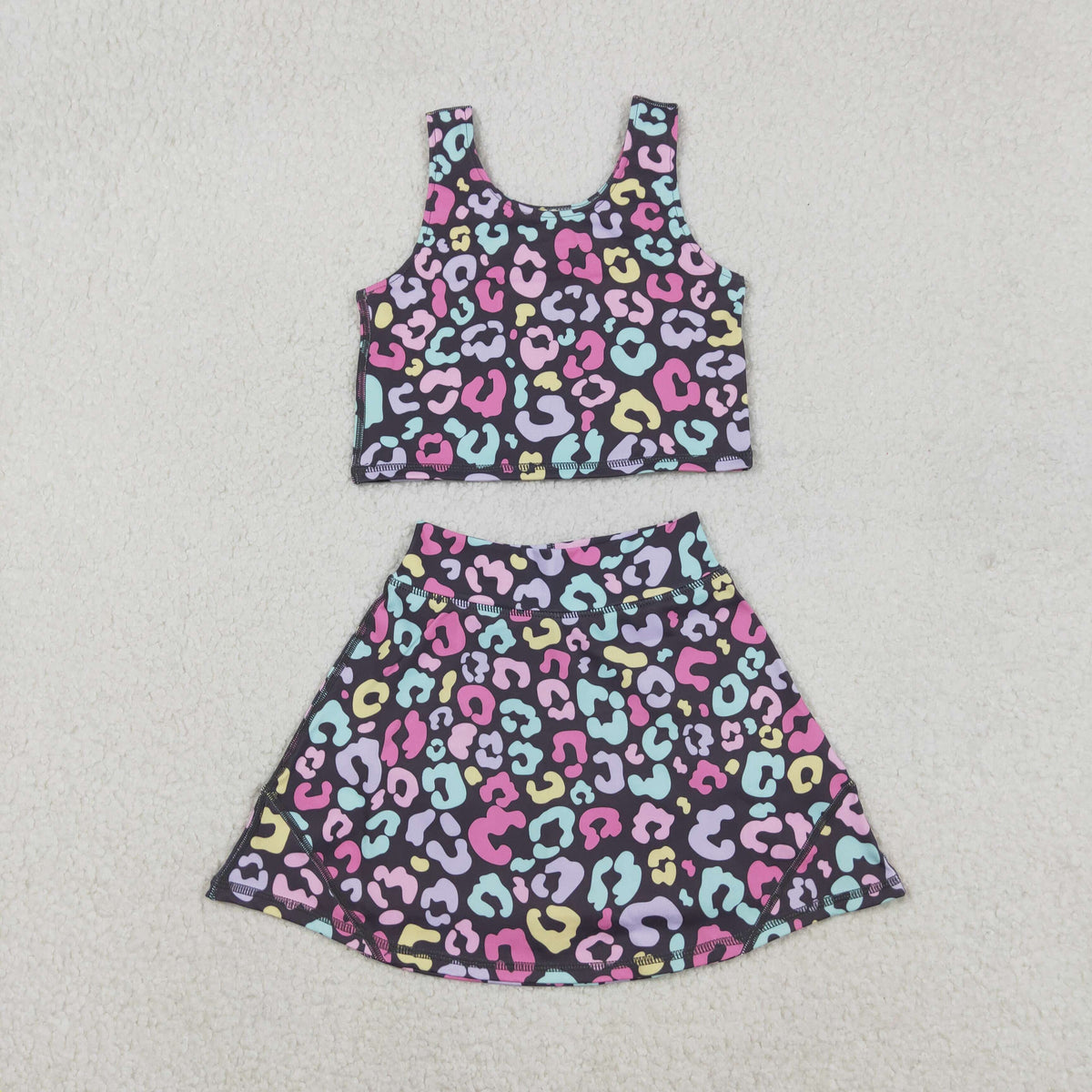 Sibling Baby Girls Sleeveless Colorful Leopard Vests Skirt Shorts Yoga Active Clothes Set