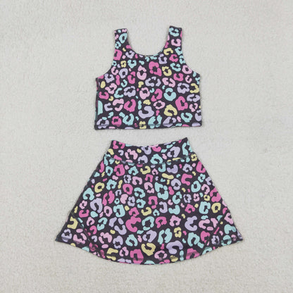 Sibling Baby Girls Colorful Leopard Shorts Yoga Clothes Set Knee Length Dresses