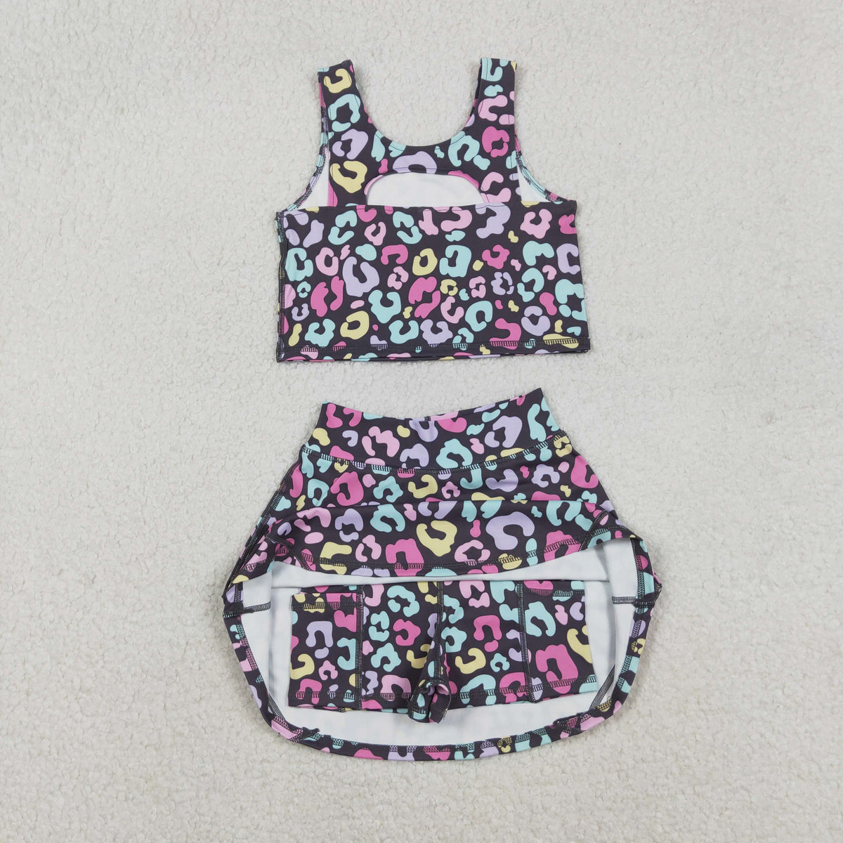Sibling Baby Girls Sleeveless Colorful Leopard Vests Skirt Shorts Yoga Active Clothes Set